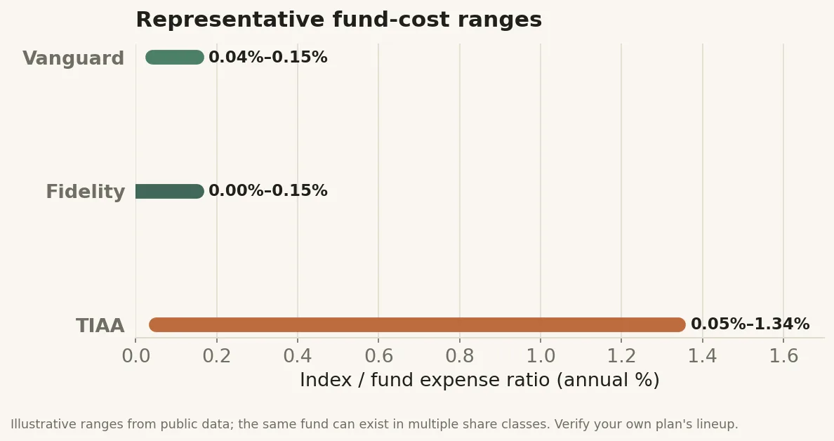 Representative index-fund expense ratio ranges for Vanguard, Fidelity and TIAA